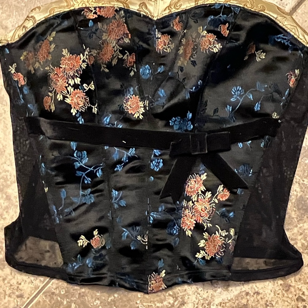 Floral Black Bustier Corset with Gold Trim